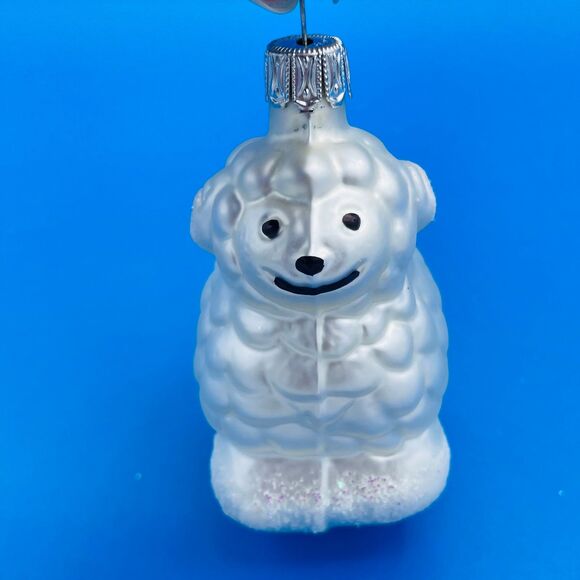 Cute White Glittery Blown Glass Fluffy Sheep Lamp Christmas Tree Ornament - Picture 1 of 8